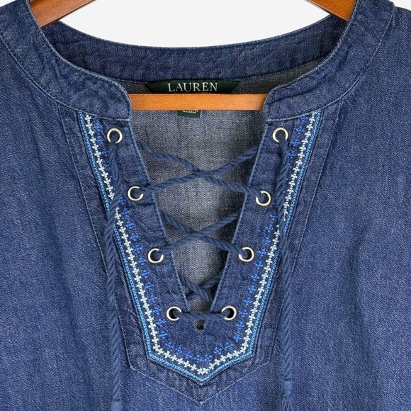 Lauren Ralph Lauren Denim Shift Dress 16W Embroidered Tasseled Knee Length - Picture 3 of 11